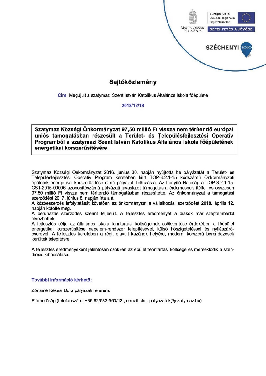 Sajtóközlemény - SZTEJKI energetikai korszerűsítés